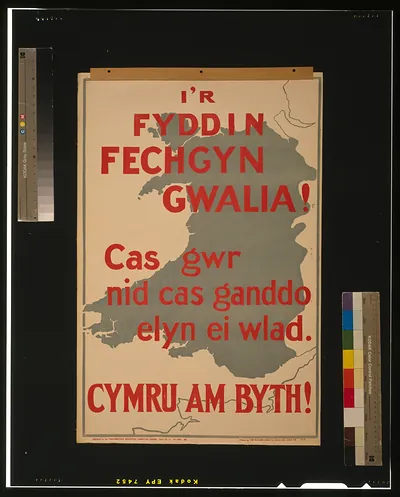 I'r Fyddin Fechgyn Gwalia! Cymru am byth! Welsh recruitment poster with map