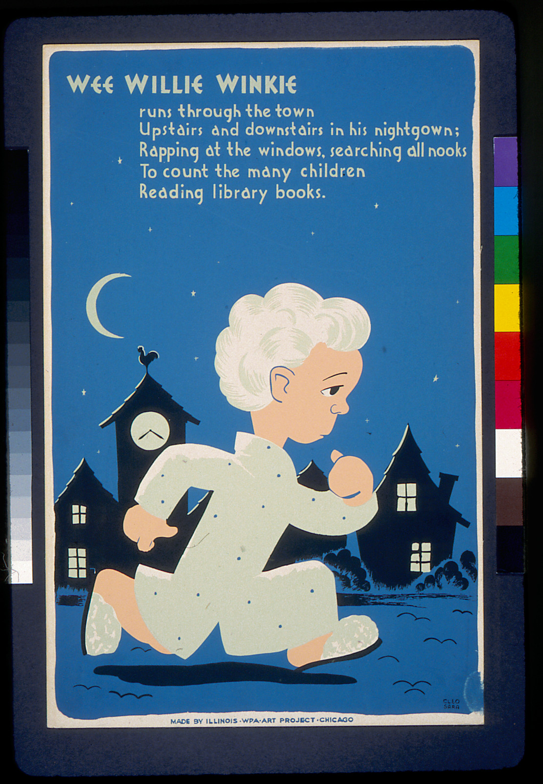 Wee Willie Winkie runs through the town ... to count the many children reading librar, 1940 — vintage poster
