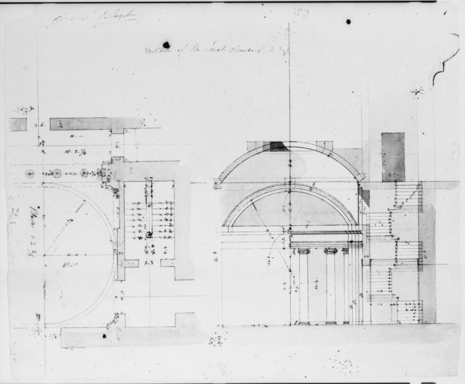 [United States Capitol, Washington, D.C. Vestibule of Senate Chamber - plan and section], [between 1815 and 1817] — historic drawing