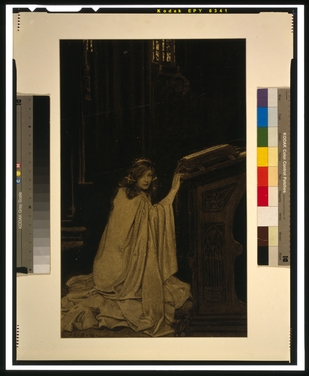The folds of her cloak making her seem like a kneeling marble — historic drawing