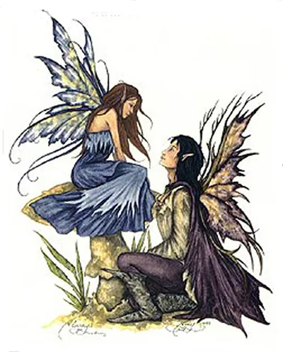 Two fairies, one seated on a stone, one kneeling