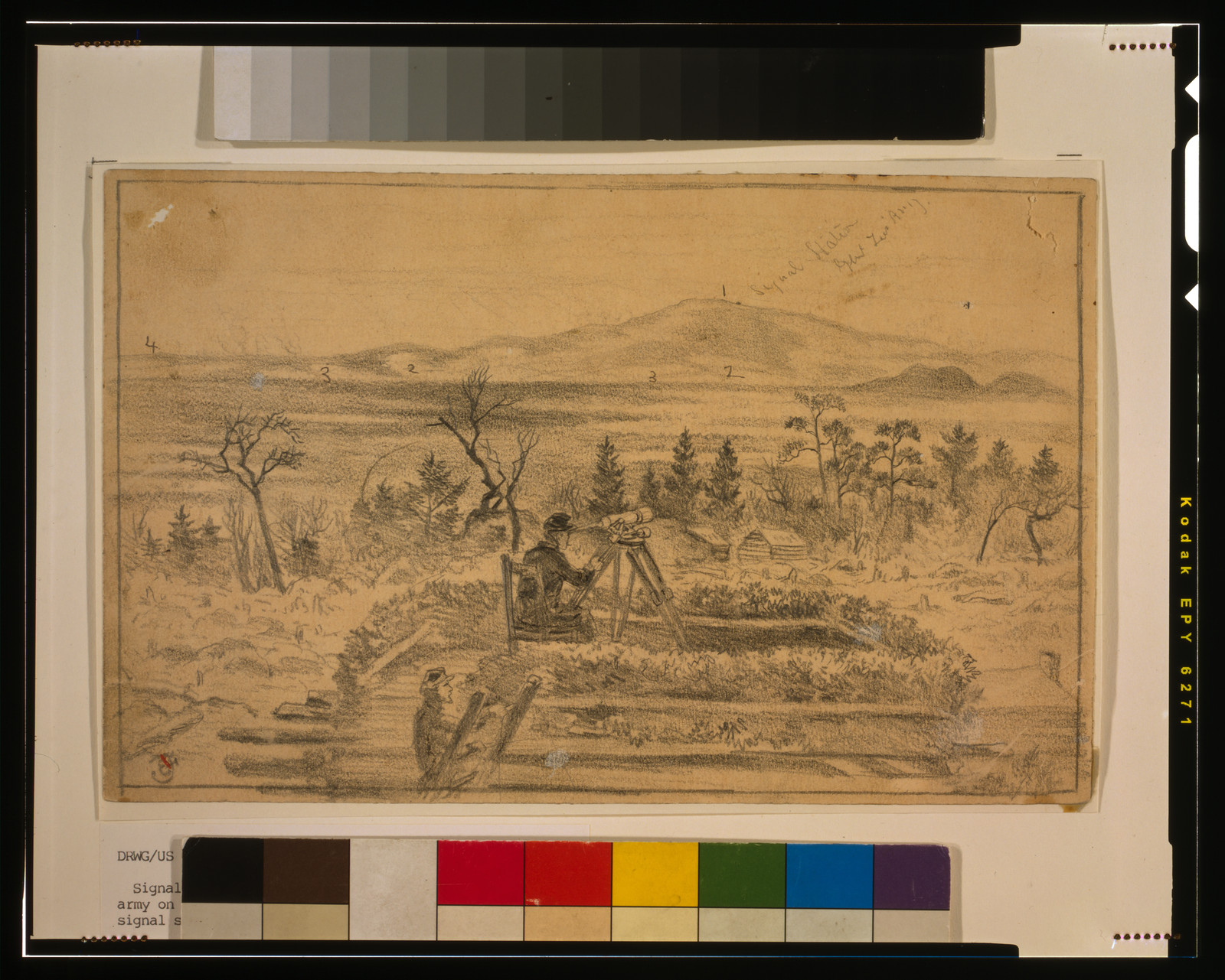 [Signal officers watching the camps of Gen. Lee's army on the south side of the Rapidan River, from the signal station on Poney Mountain] / E.F., [1863 or 1864] — historic drawing