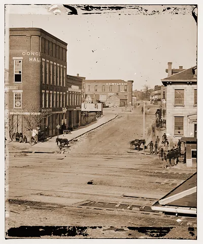 Atlanta Georgia. Northward view across the tracks on Whitehall Street. Concert hall