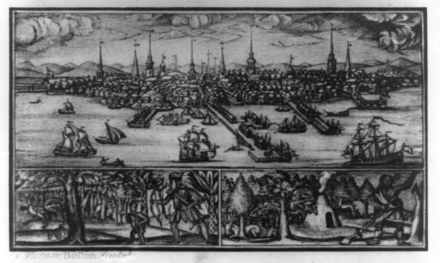 [Bird's-eye view of Boston, Massachusetts, with two vignettes of Natives hunting] / J. Turner, Boston, sculpt., [174-] — antique engraving