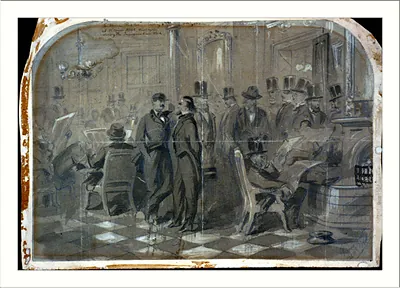 Men in top hats in a checkered-floor interior sketch