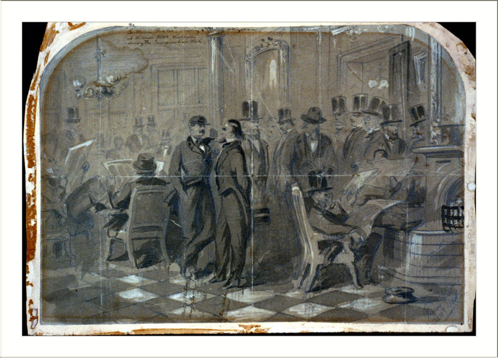 Men in top hats in a checkered-floor interior sketch — historic image