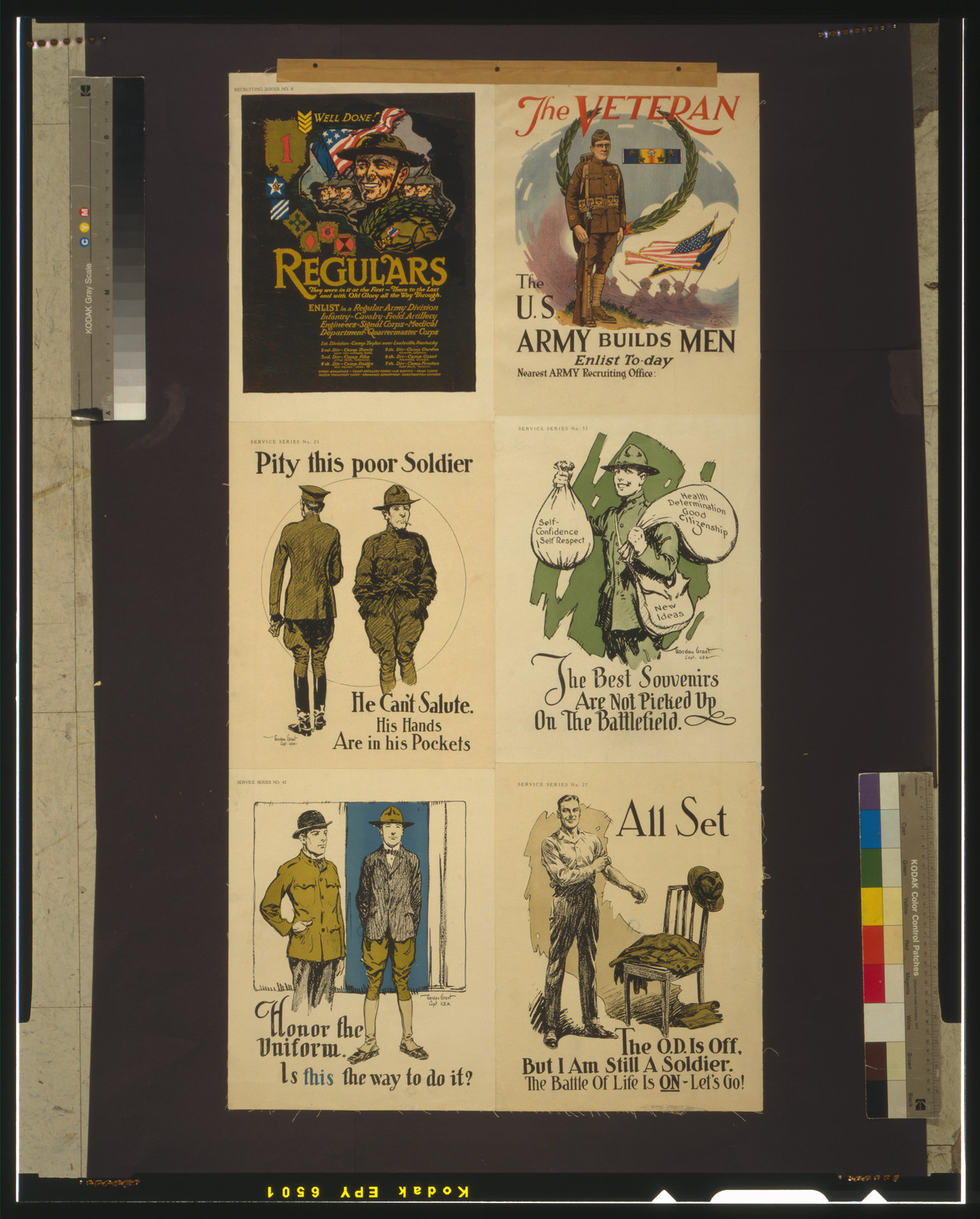Sheet of six WWI US Army recruitment and morale posters — vintage poster