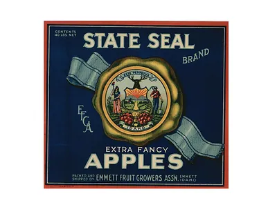 State Seal Brand Extra Fancy Apples crate label, Emmett, Idaho