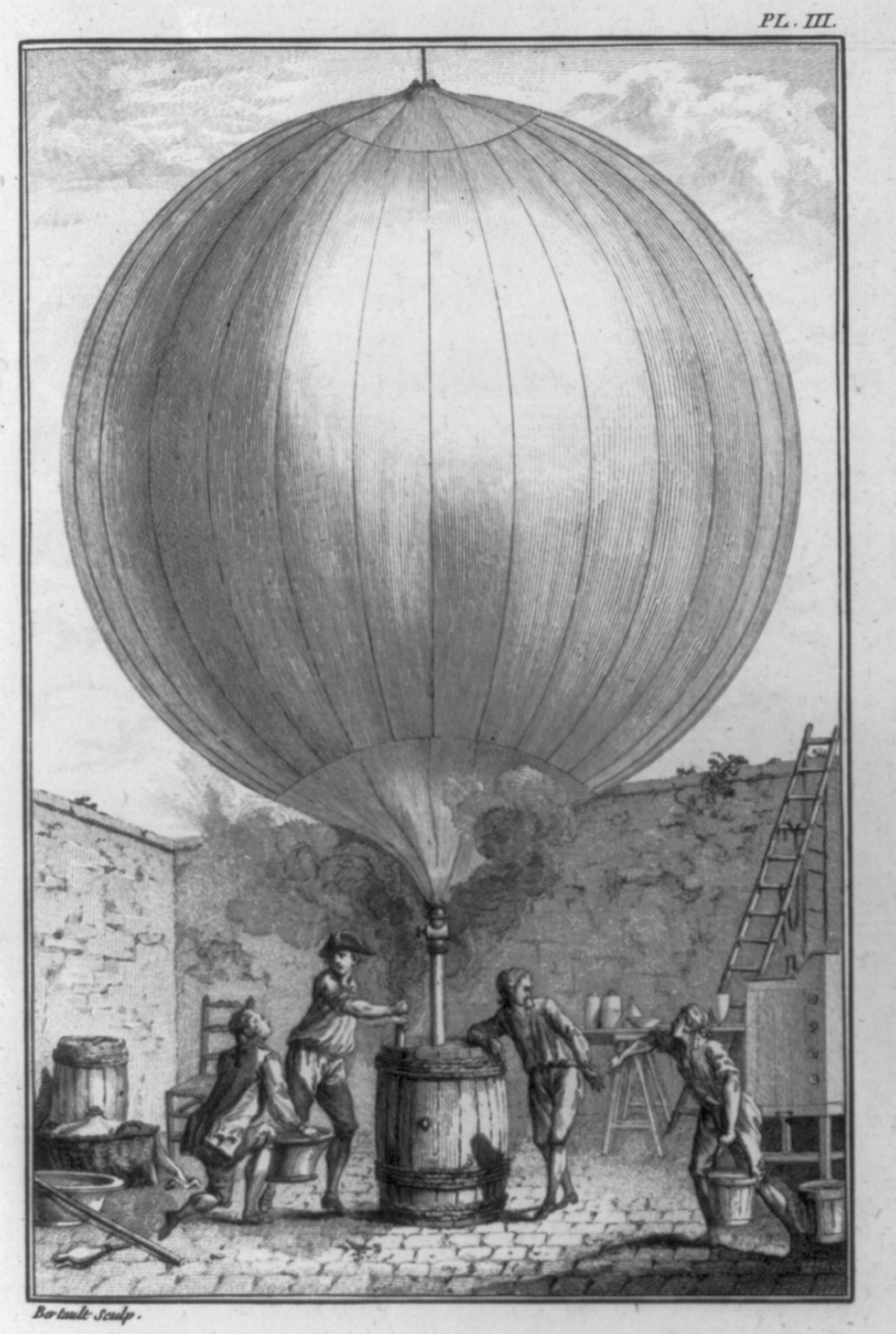 [4 men inflating hydrogen balloon] — antique engraving