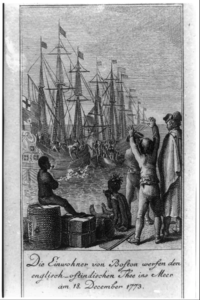 Die Einwohner von Boston wersen den englisch-ostindischen Thee ins Meer am 18 December 1773 / D. Chodowiecki del. et sculp.