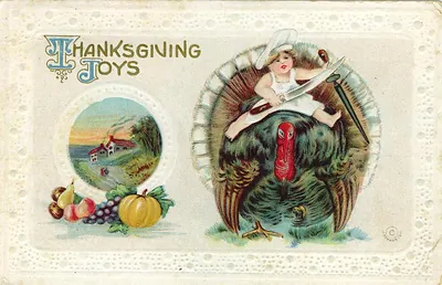 Thanksgiving Joys postcard with child carving turkey