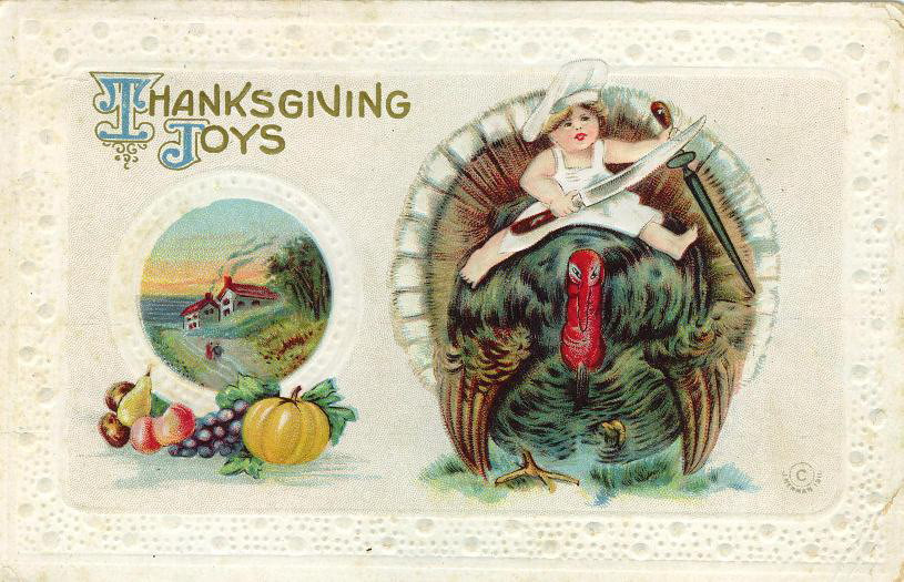Thanksgiving Joys postcard with child carving turkey — vintage postcard