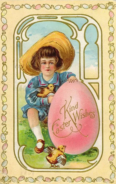 Vintage Easter postcard: child with chicks and pink egg