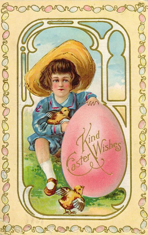 Vintage Easter postcard: child with chicks and pink egg — vintage postcard
