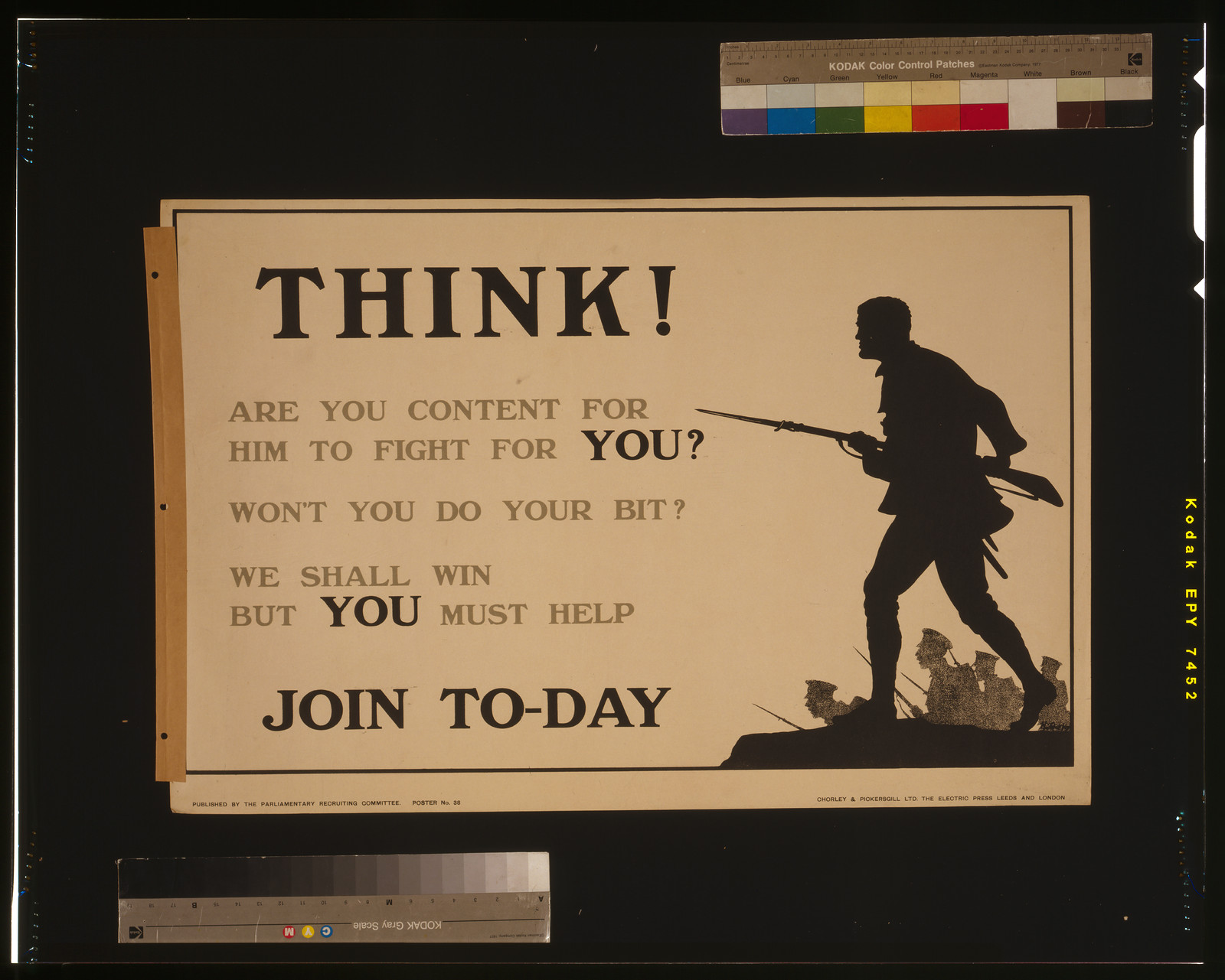 Think! Are you content for him to fight for you? Won't you do your bit? We shall win but you must help. Join to-day / Chorley & Pickersgill Ltd., The Electric Press, Leeds and London., London : Parliamentary Recruiting Committee, [1915] — vintage poster