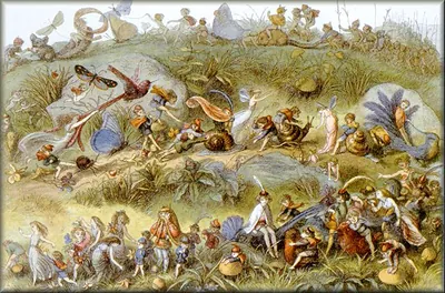 Fairies gathering among snails and insects in a meadow