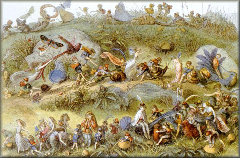 Fairies gathering among snails and insects in a meadow — historic image