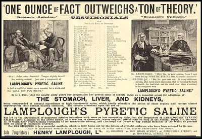 One Ounce of Fact Outweighs a Ton of Theory: Lamplough's Pyretic Saline advertisement