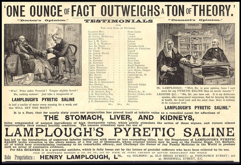 One Ounce of Fact Outweighs a Ton of Theory: Lamplough's Pyretic Saline advertisement — historic image