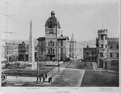 Court Square - Vance Monument, courthouse, City Hall, Palmetto Building and Sheville Library, Asheville, N.C.