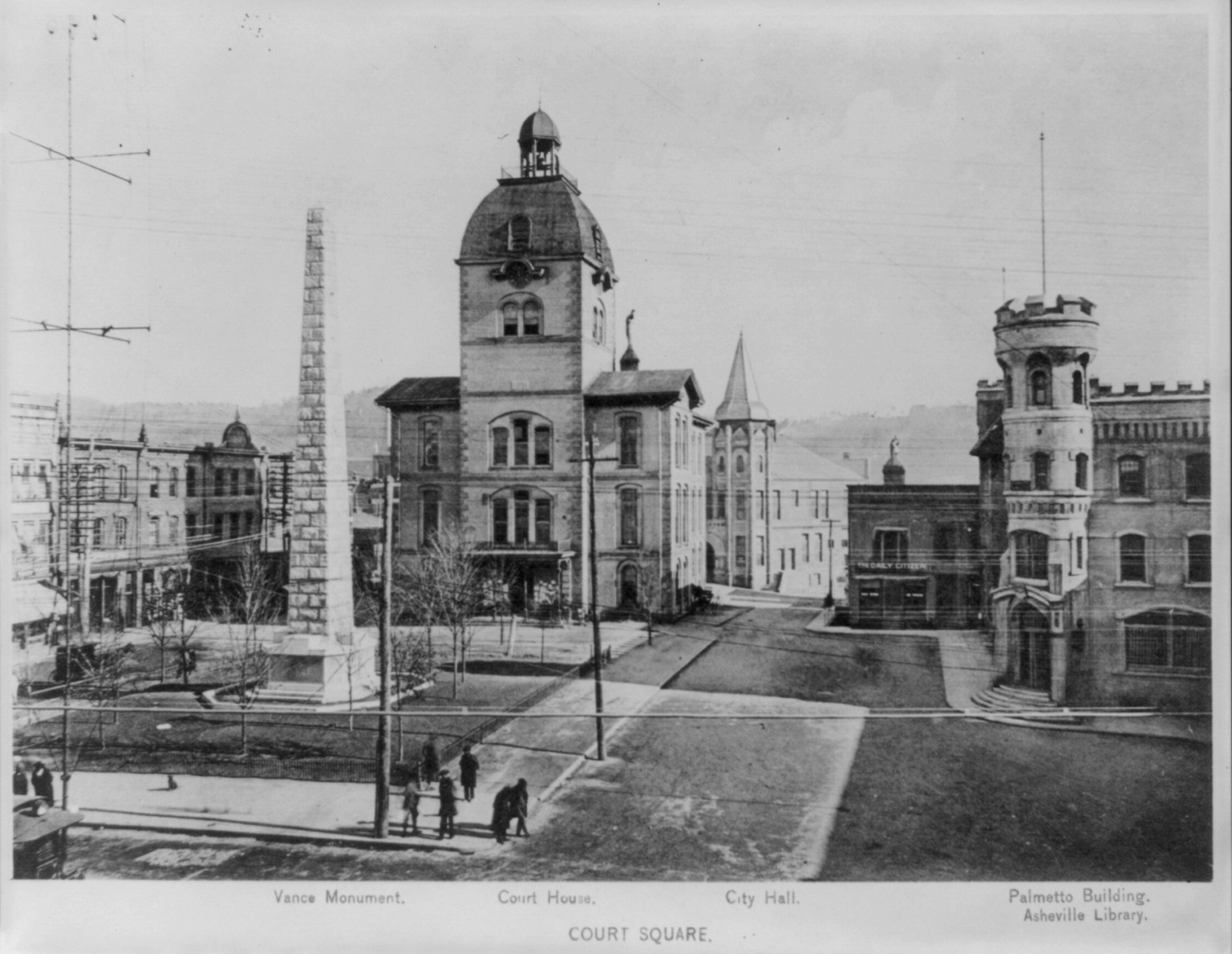 Court Square - Vance Monument, courthouse, City Hall, Palmetto Building and Sheville Library, Asheville, N.C., c1899. — historic print