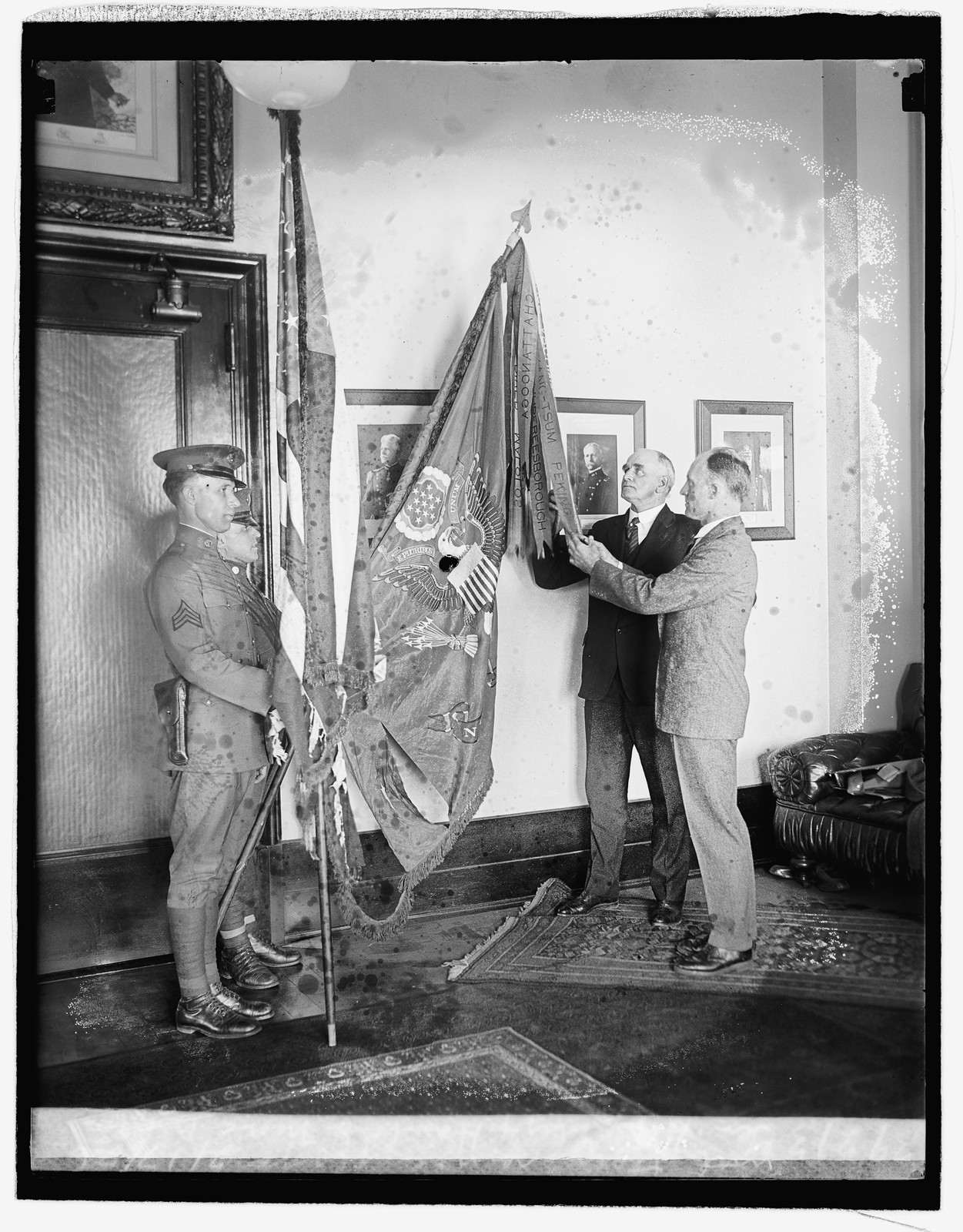 Gen. H.E. Ely & Hanford MacNider with their service flags, 2/17/26, [19]26 February 17. — historic photograph