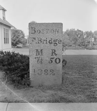 Granite milestone reading Boston, Framingham Bridge, 1832
