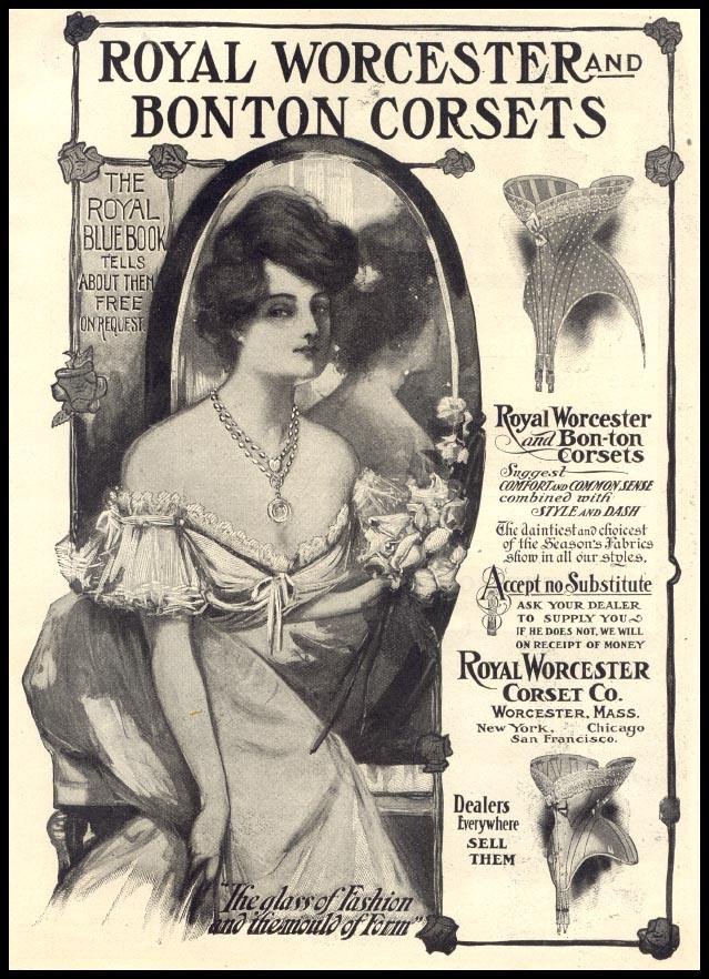Royal Worcester and Bonton Corsets advertisement with woman portrait — historic image