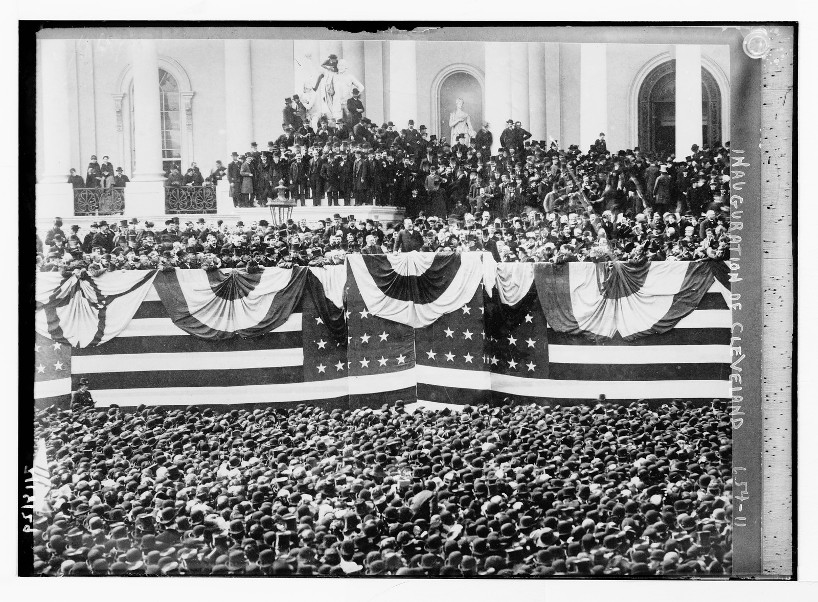 Inauguration of Cleveland - flag bedecked podium and crowd, n/a — historic photograph