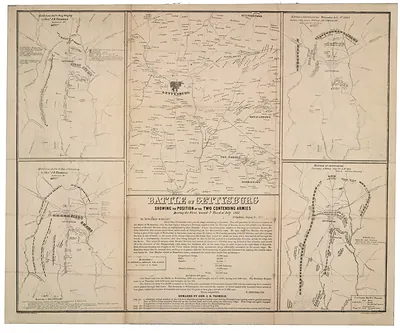 Battle of Gettysburg showing the position of the two contending armies