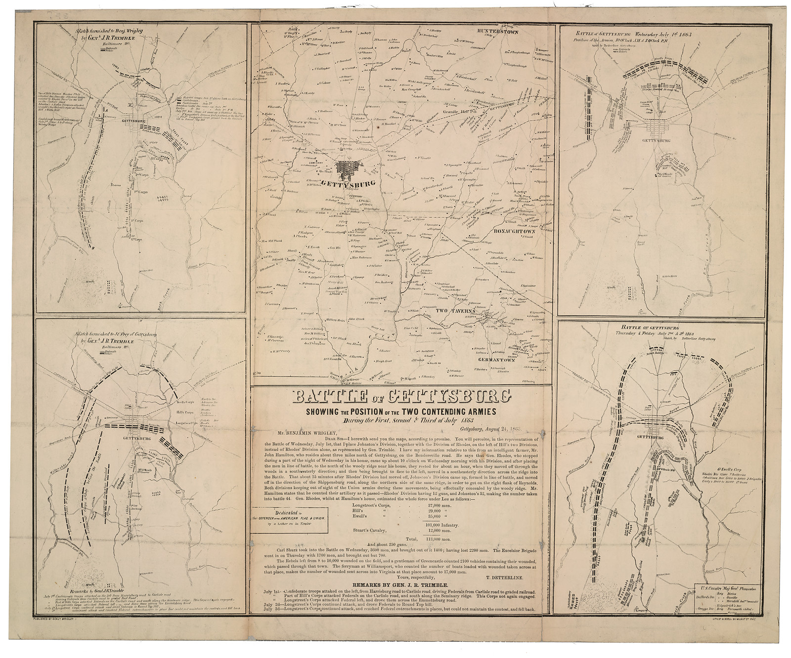 Battle of Gettysburg showing the position of the two contending armies, 1863 — historic image