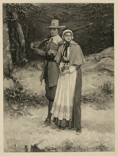 Pilgrim man with musket and woman in snowy woods