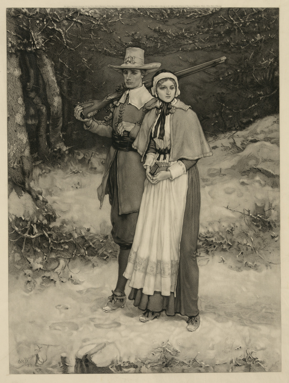 Pilgrim man with musket and woman in snowy woods — historic image