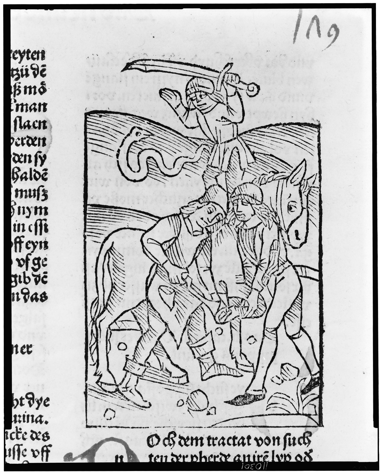 [Blacksmith shoeing a horse while a man with large sword slays a snake in the background] — historic print