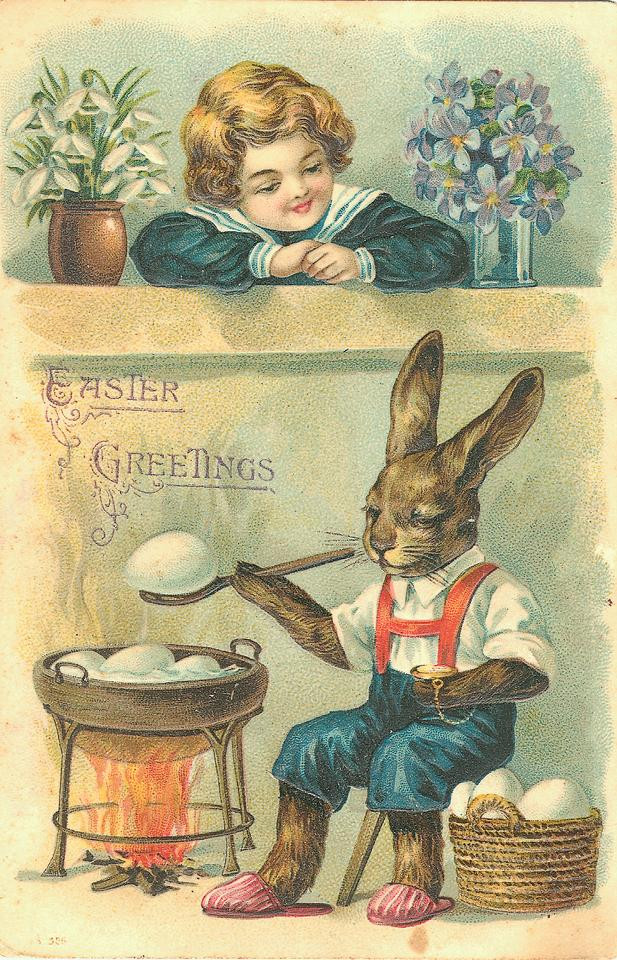 Easter greetings postcard with rabbit cooking eggs — vintage postcard
