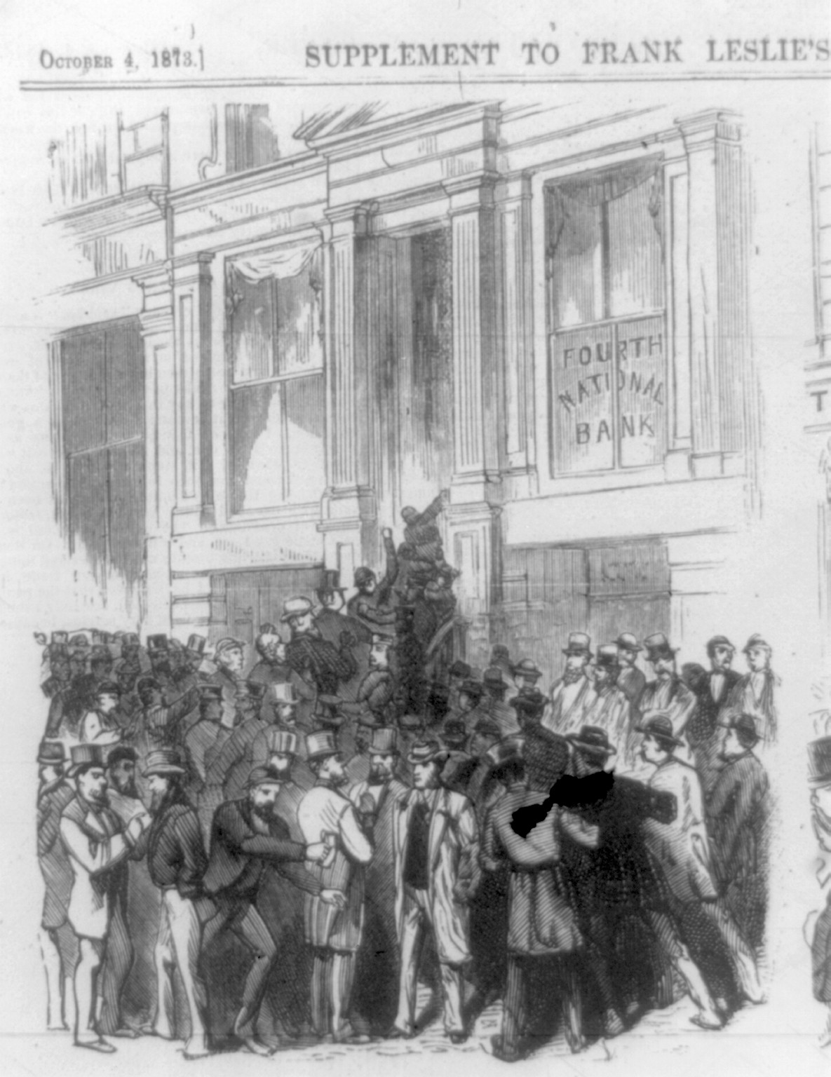 The Panic - Run on the Fourth National Bank, No. 20 Nassau Street [New York City, 1873], 1873 — antique engraving