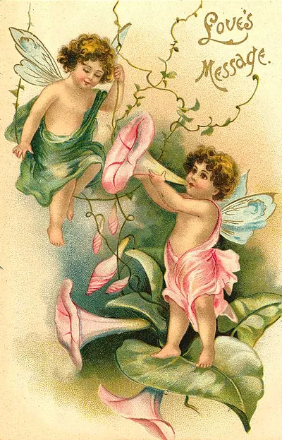 Love's Message: winged fairies with morning glory flowers