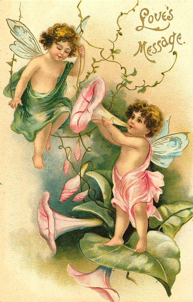 Love's Message: winged fairies with morning glory flowers — historic image