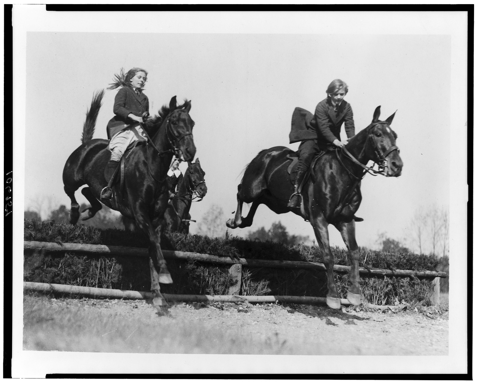[Three girls on horseback as their horses jump a hedge], [between 1920 and 1932] — historic photograph