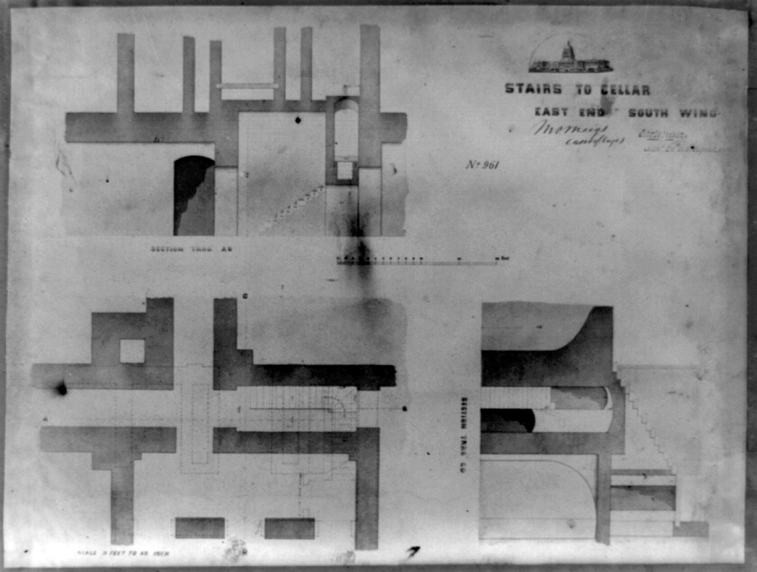 Stairs to cellar, east end, south wing, [between ca. 1852 and ca. 1860] — historic photograph