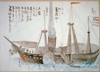 [Steamboat, possibly U.S.S. Susquehanna, shown during Commodore Oliver Hazard Perry's first landing at Kurihama, Japan, July 8, 1853]