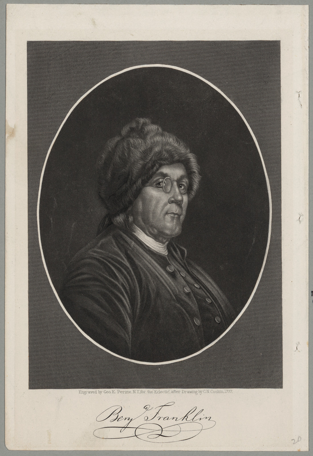 Benjamin Franklin engraved portrait in oval frame — historic image