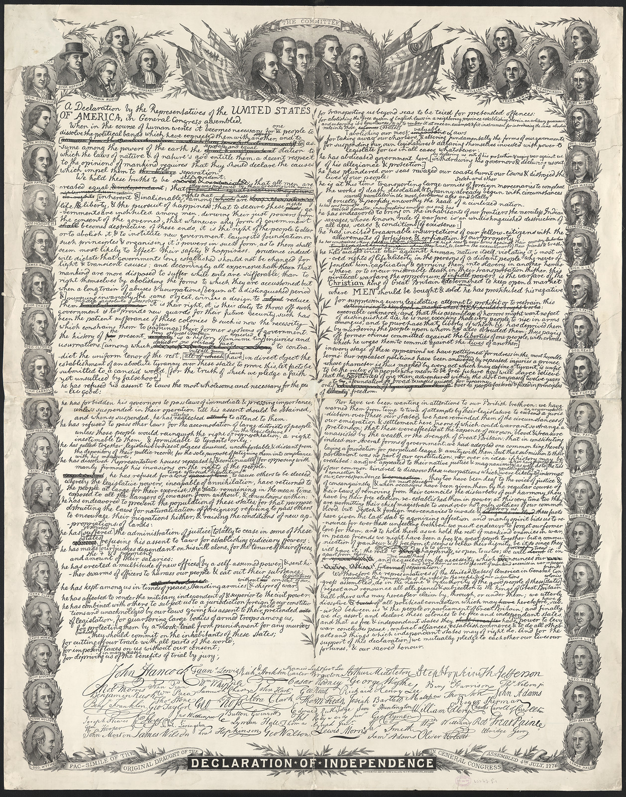 Facsimile of the Declaration of Independence with signers' portraits — historic image