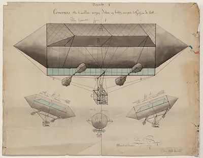 Competition drawing of airship designs with French handwritten caption
