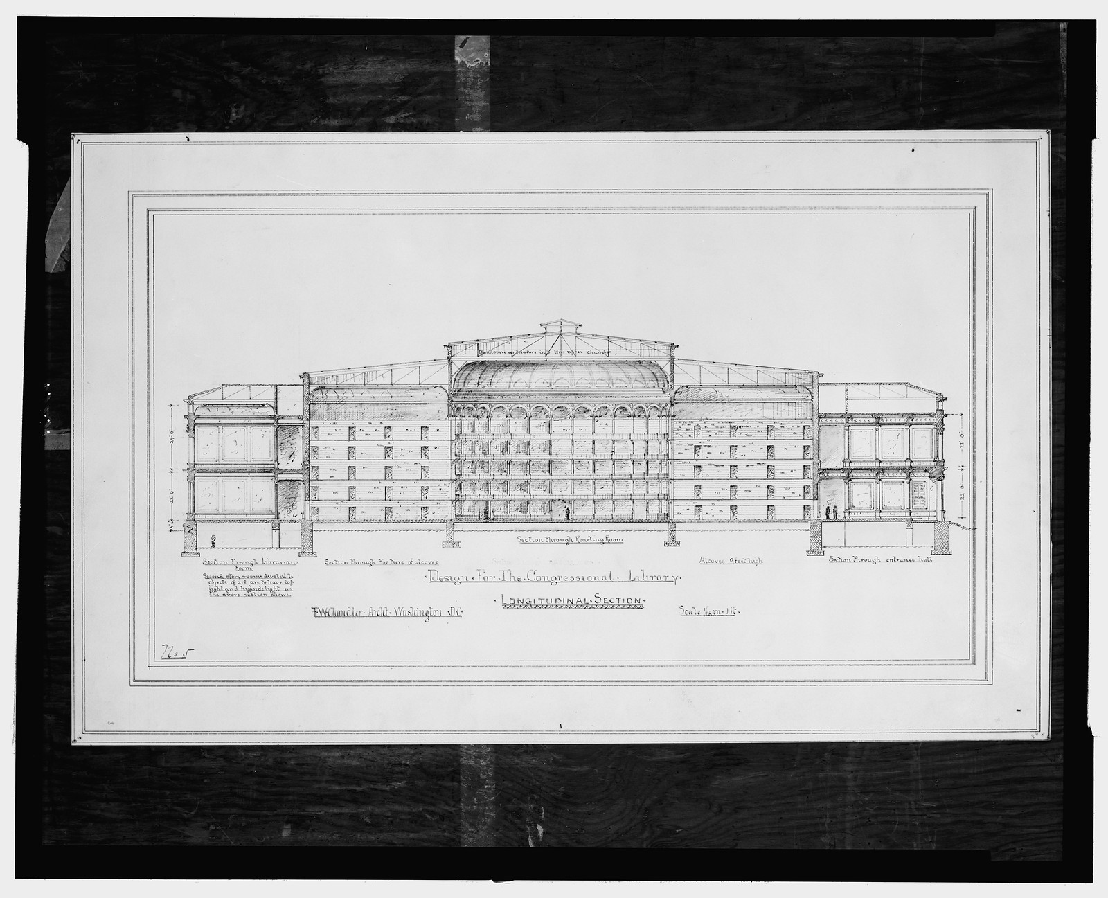 [Library of Congress, Washington, D.C. Longitudinal section], and Engineering (ADE) Drawings" (http://www.loc.gov/rr/print/res/103_ade.html)." — historic drawing