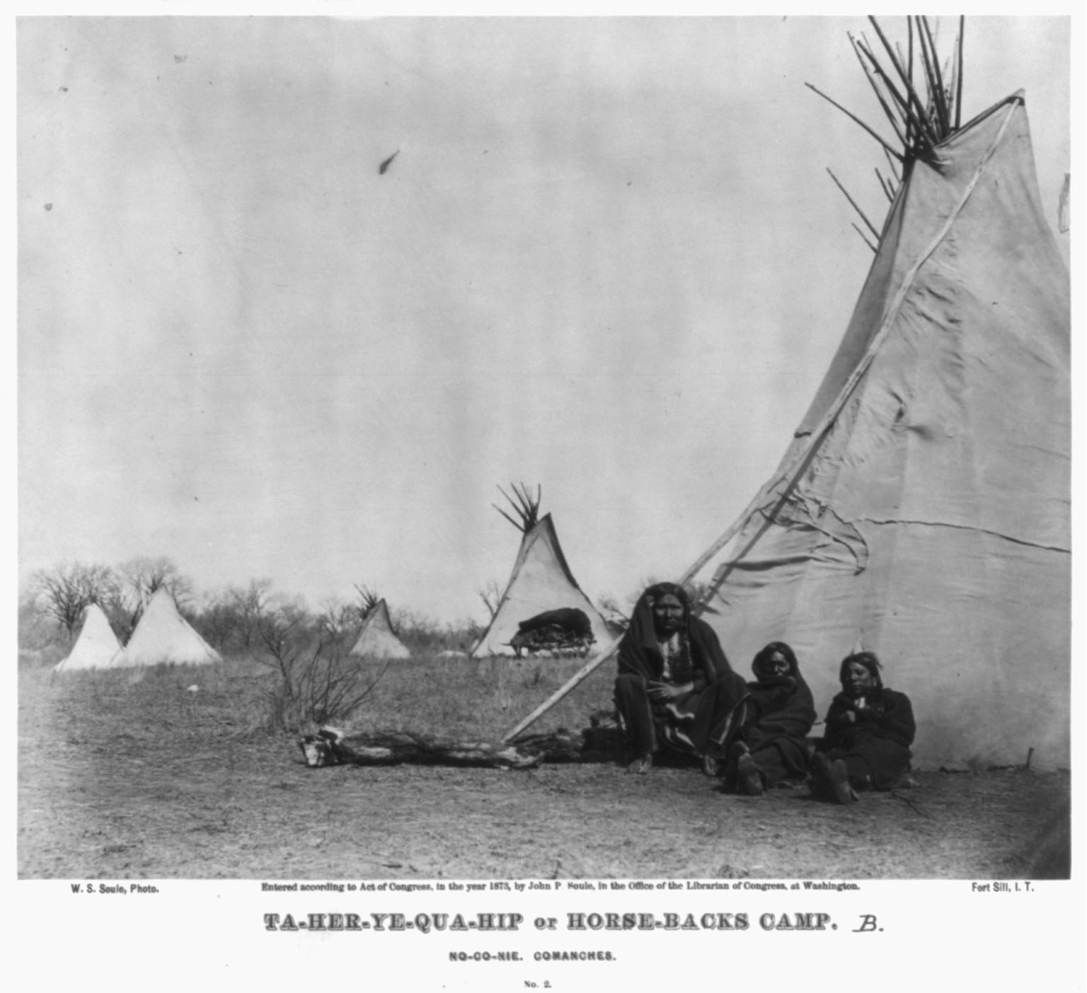 Ta-Her-Ye-Qua-Hip or Horse-Backs Camp. No-Co-Nie. Comanches, c1873 Mar. 22. — historic photograph
