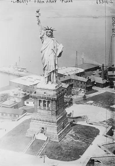Liberty" from Army plane, aerial view of Statue of Liberty