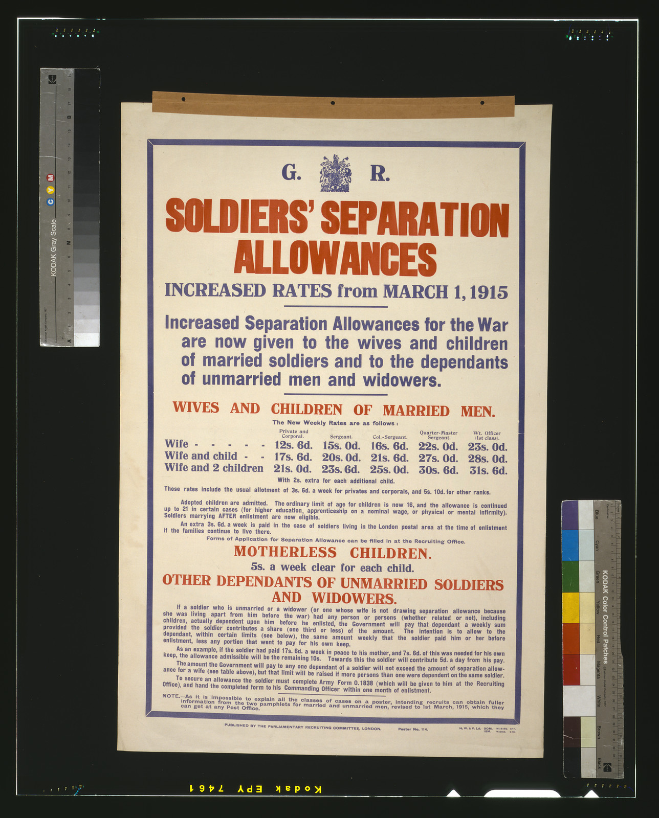 Soldiers' separation allowances. Increased rates from March 1, 1915 [...] / H. W. & V. Ld., London : Parliamentary Recruiting Committee, [1915] — vintage poster