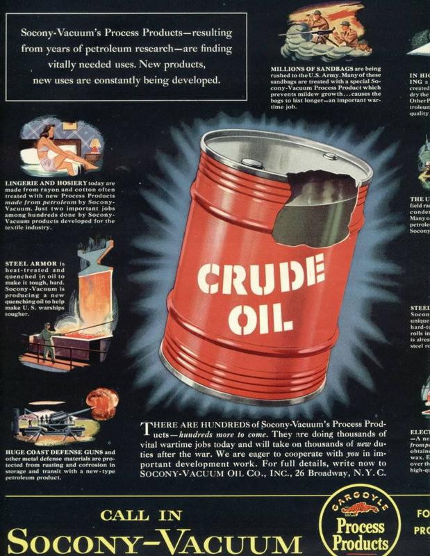 Socony-Vacuum Crude Oil wartime advertisement with red oil drum — historic image