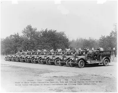 Sturdy fire fighters for the U.S. Govt. Fleet of White triple combination chemical, hose and pumping engines ... to protect cantonments and military camps against fire